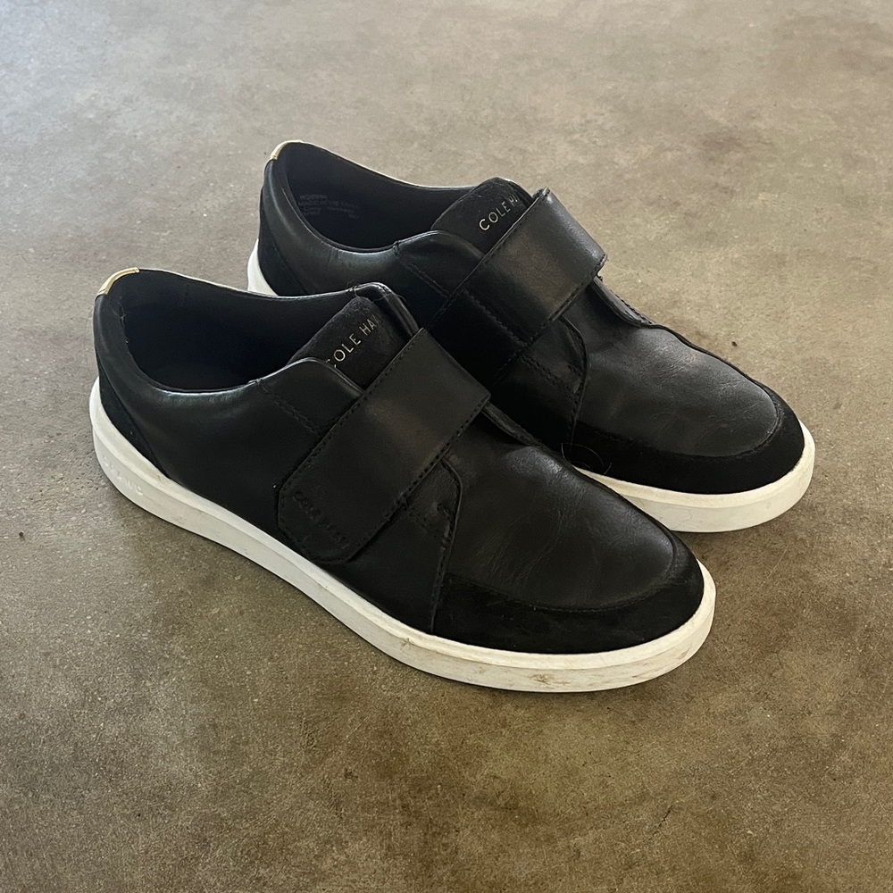 Cole Haan Women’s Black Synthetic Leather Velcro Strap Sneakers with White Sole